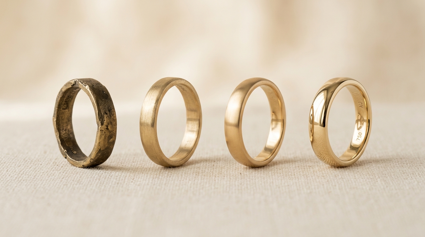 Four stages of ring crafting: cast, shape, polish, finished